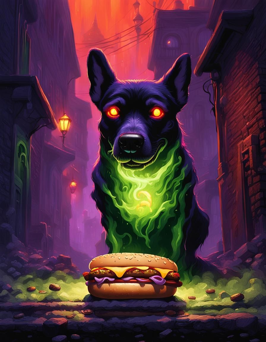 Cursed Hot Dog Eats Hamburger in Dark Fantasy Style