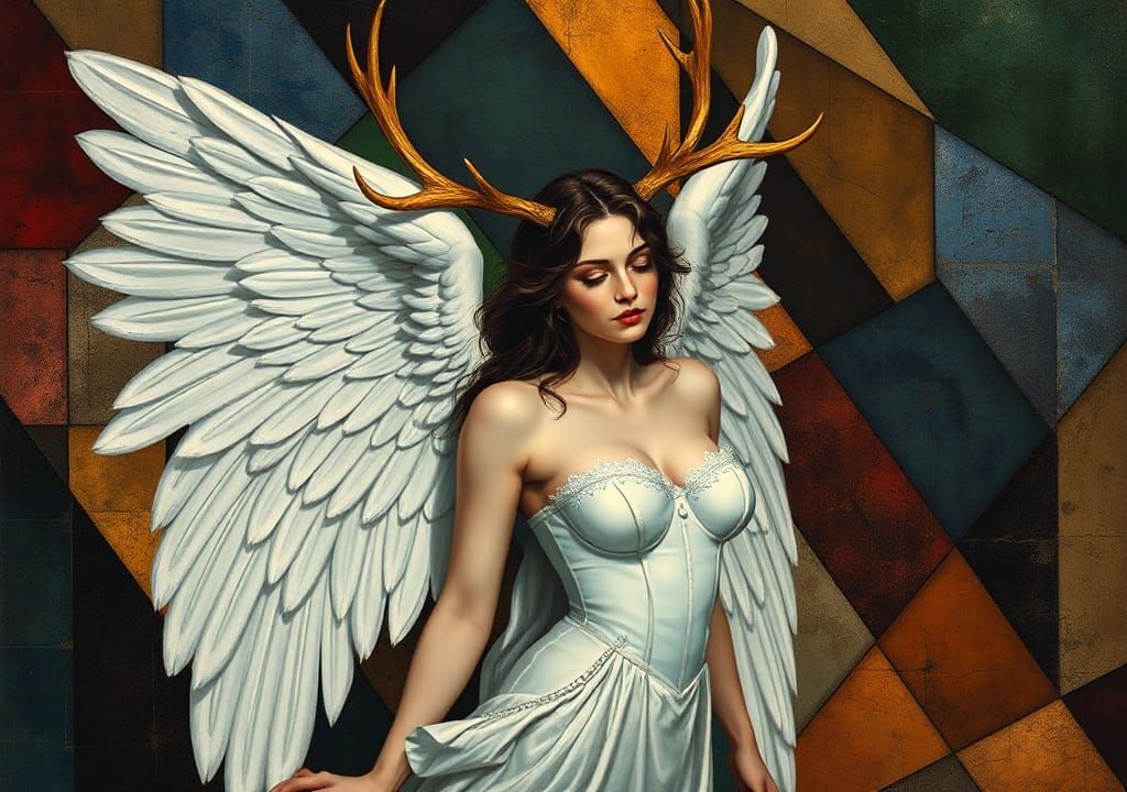 Fallen Angel with Antlers in Vibrant Abstract Style