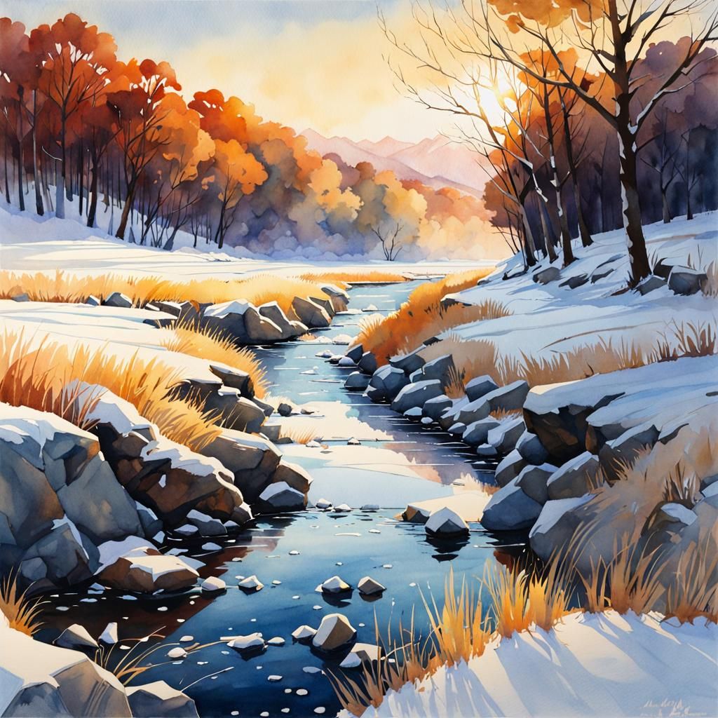 Winter Riverbed: Watercolor Landscape at Golden Hour
