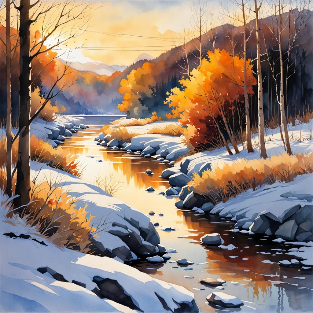 Frozen Riverbed in Winter's Golden Hour