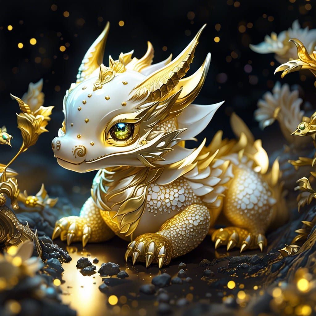 Cute Chibi Golden Dragon on Bioluminescent Field