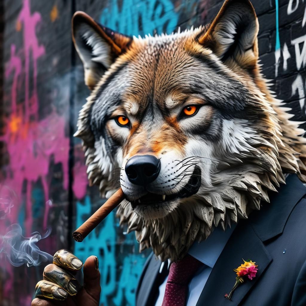 Gritty Street Art: Wolf Businessman in Spray Paint