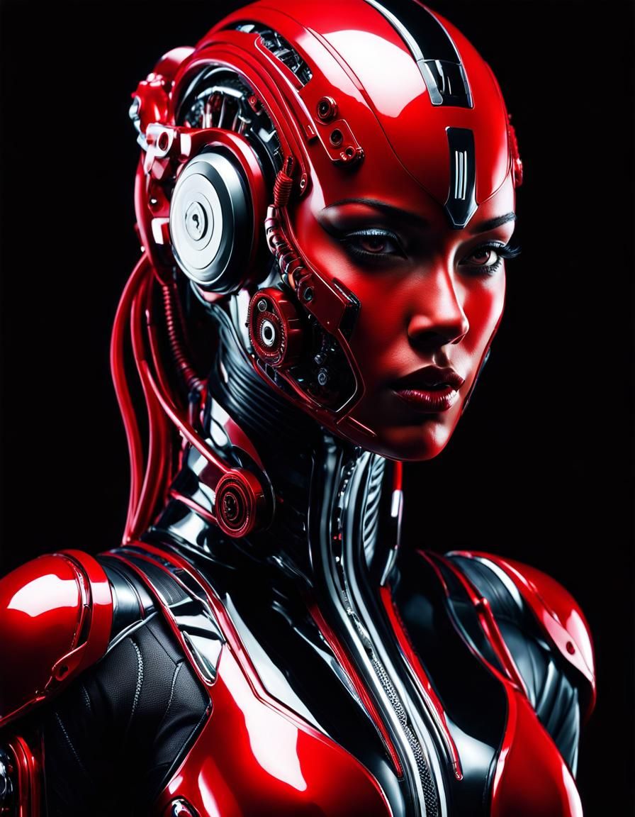 Cyborg Beauty in Red Biomechanical Suit