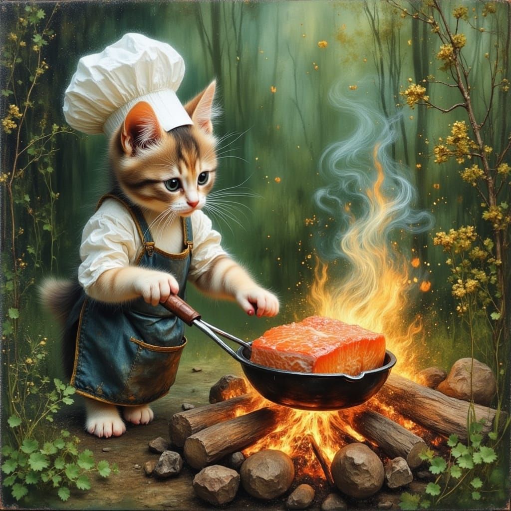 Pearl Cat Frying Salmon: Impasto Oil Glaze