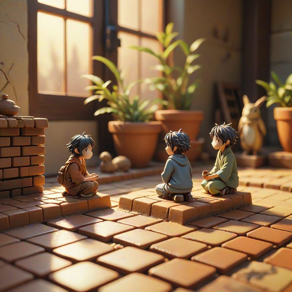 Miniature Clay Figures Play in Golden Light, Anime Style