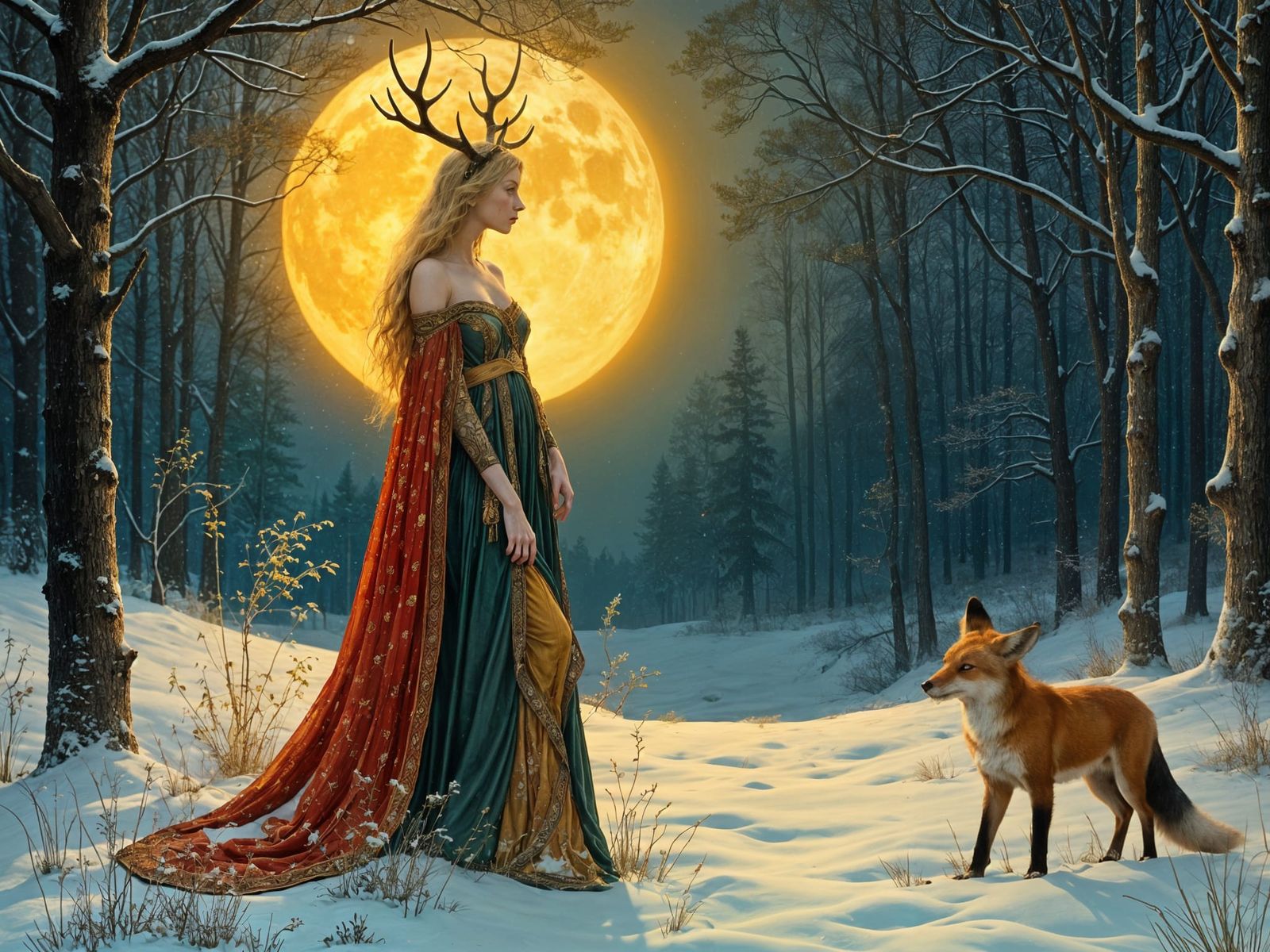 Blonde Woman With Antlers & Fox in Snowy Forest