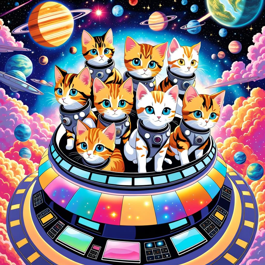 Adorable Kitten Space Pilots Navigate Vibrant Rosette Nebula