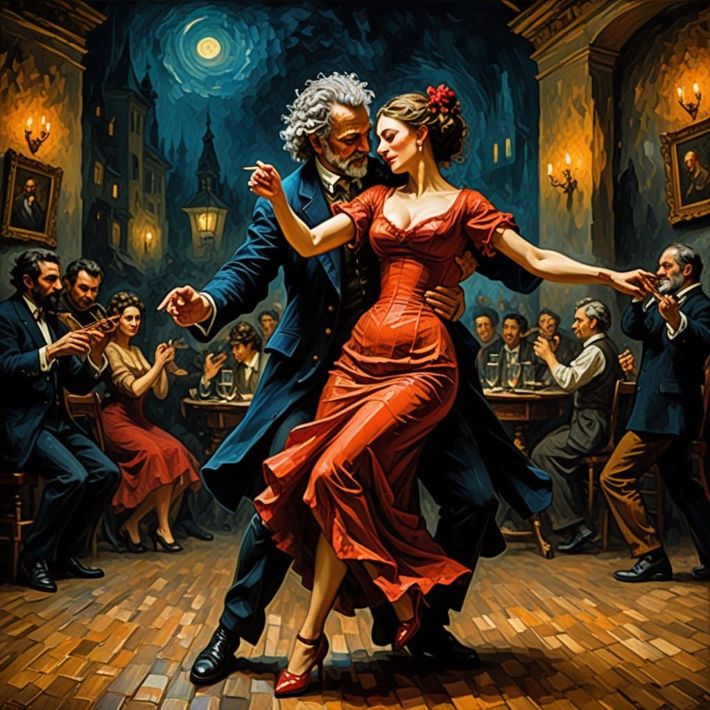 Ethereal Tango Night, Impasto Painting of Passionate Devils