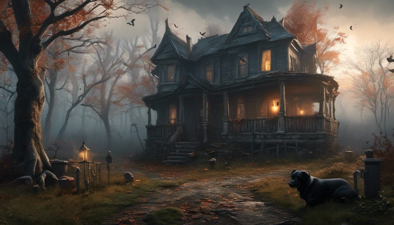 Two Pugs on a Haunted House Porch