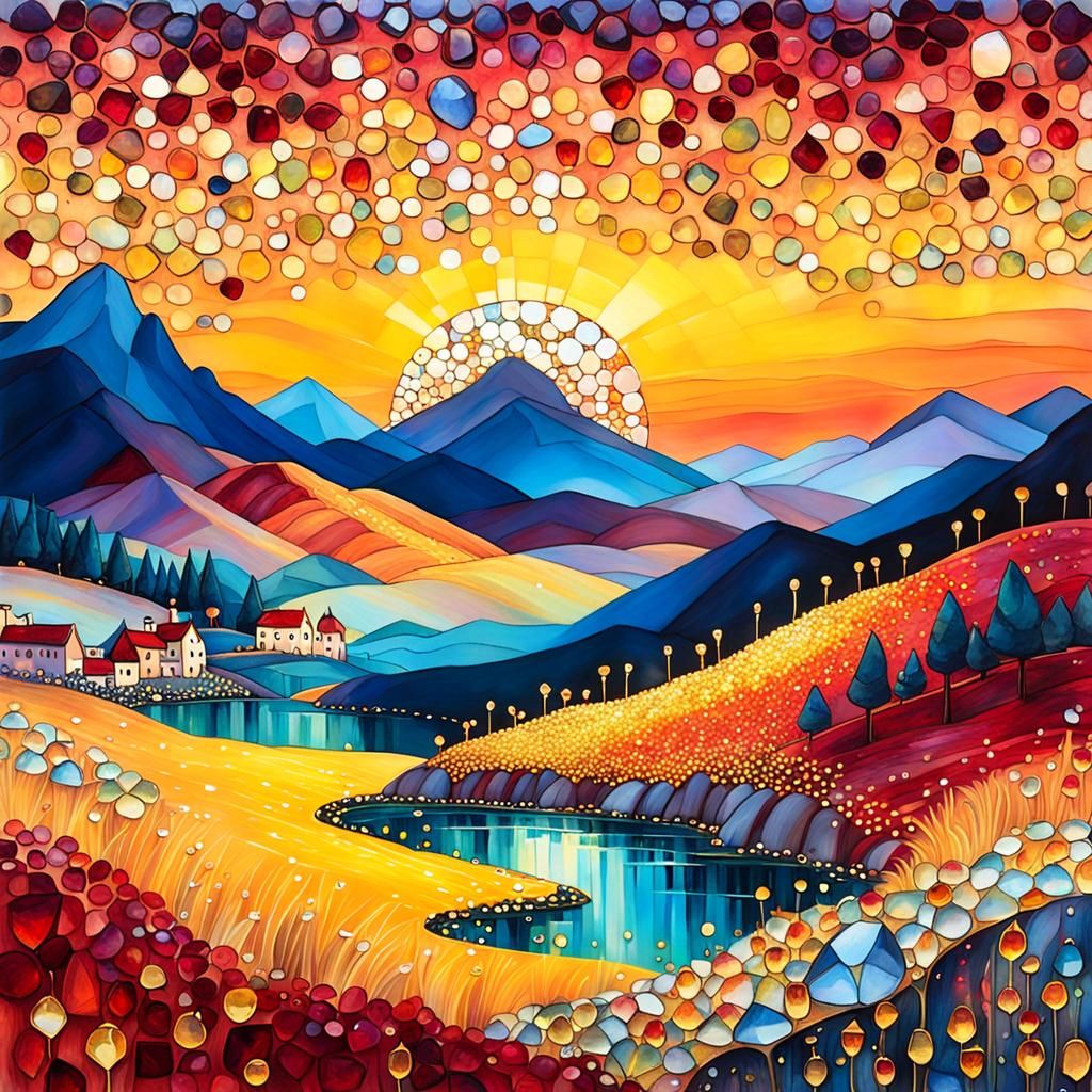 Surreal Sunset Scene in Glowing Crystal Art