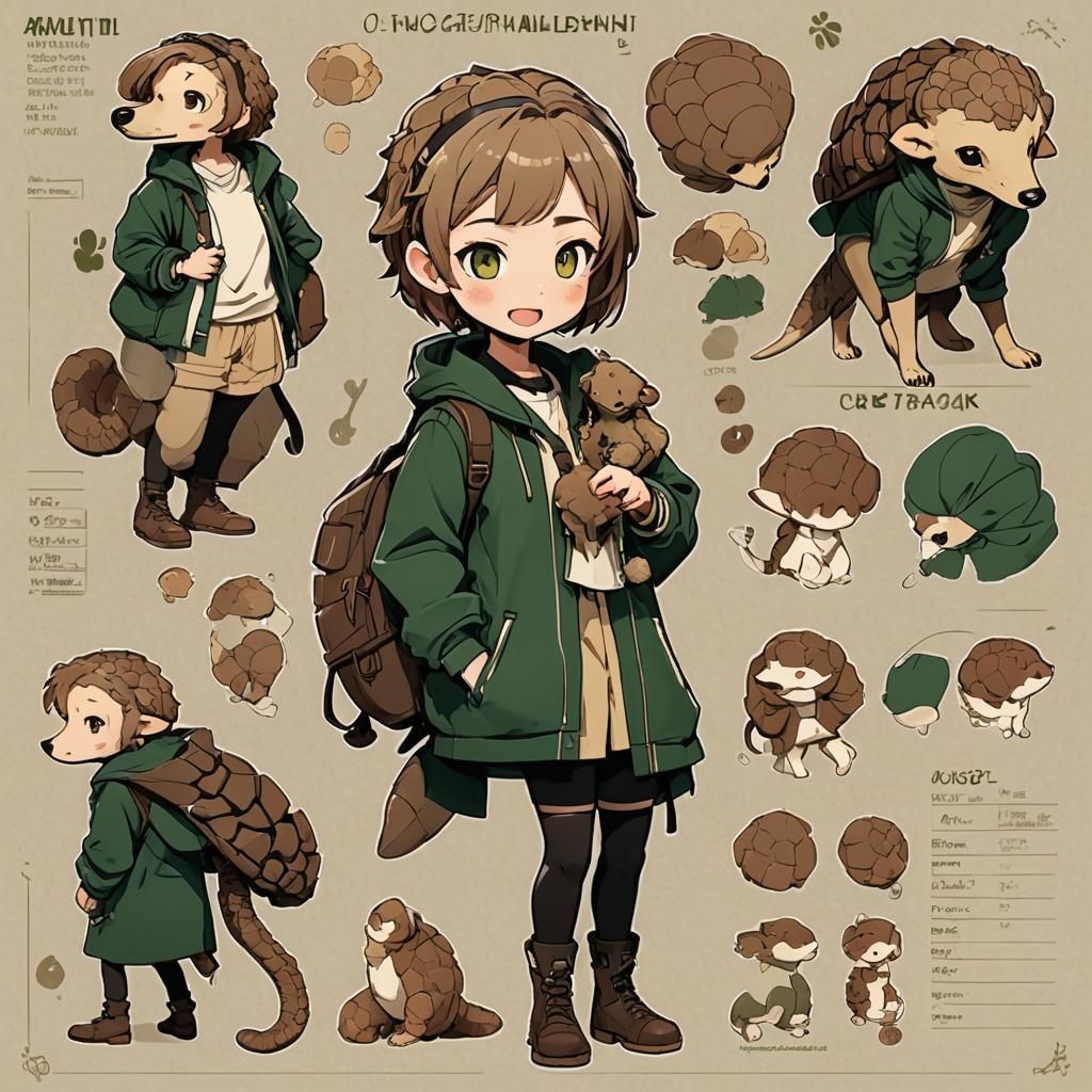 Anime Girl Character Sheet with Pangolin Pet