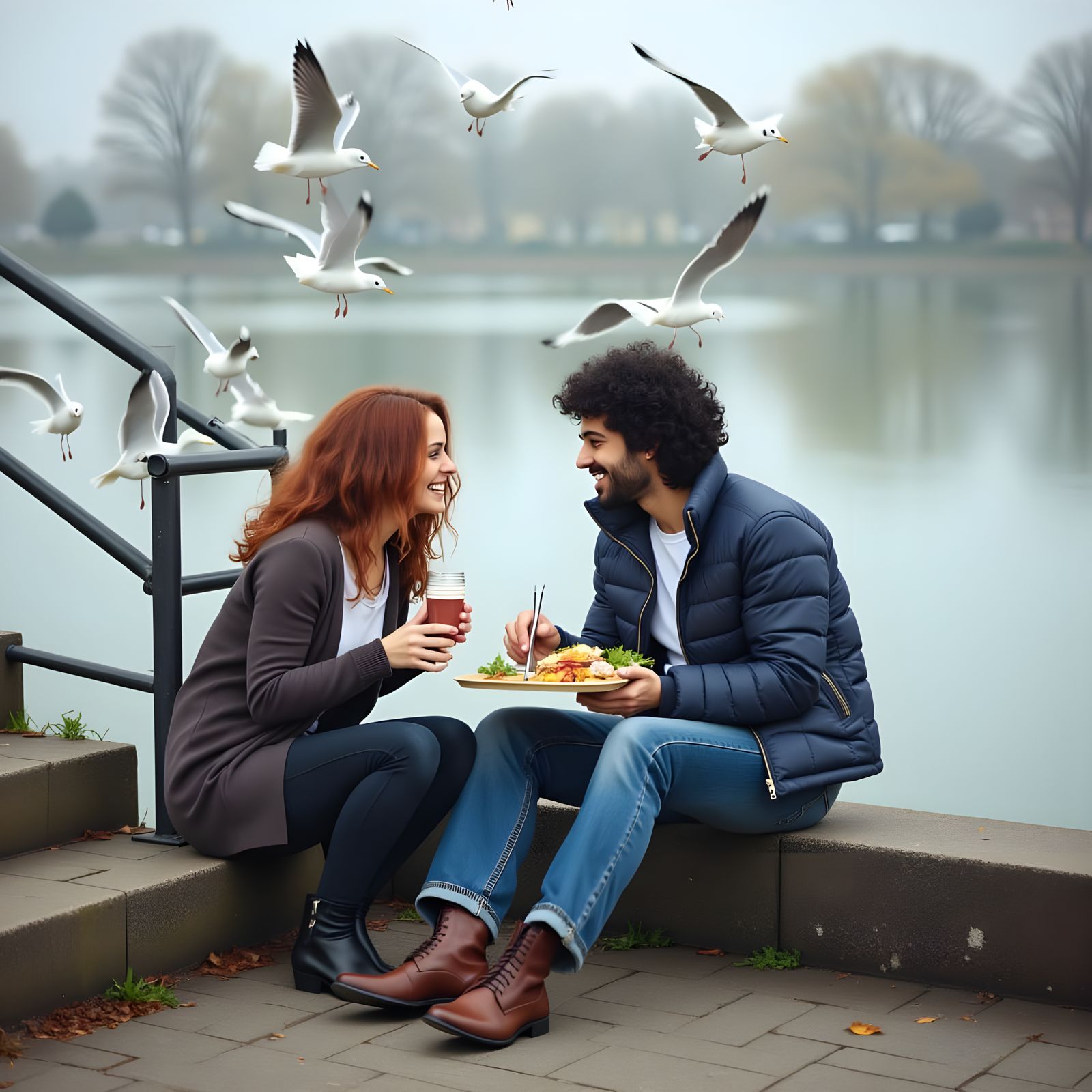 Young Couple Shares Meal by Waterway in Cinematic Scene