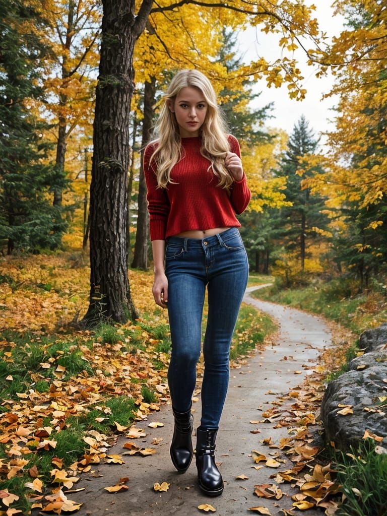 Blond Elf Walks in Autumn Oak Forest