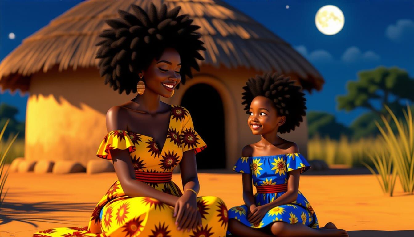 African Woman and Girl in Ankara Under Moonlight