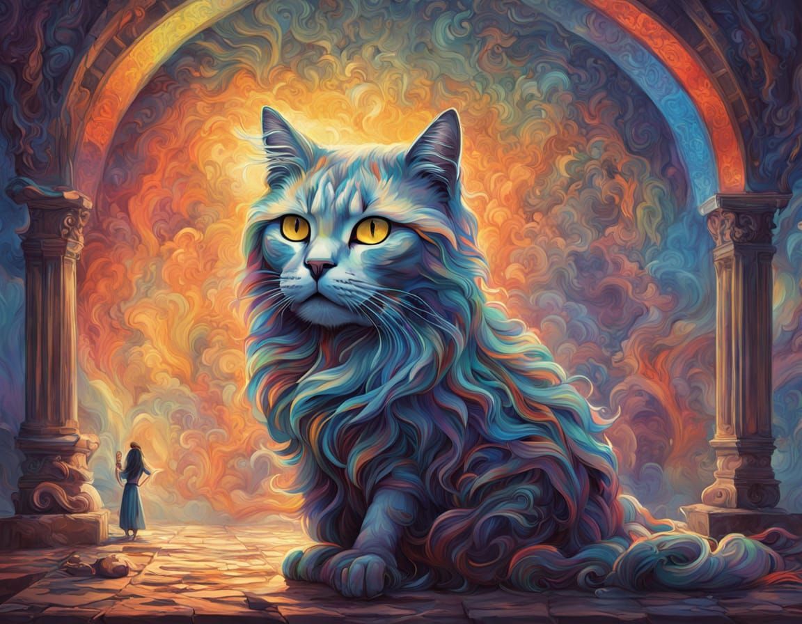 Cat Deity in Crumbling Sanctum with Prismatic Lighting