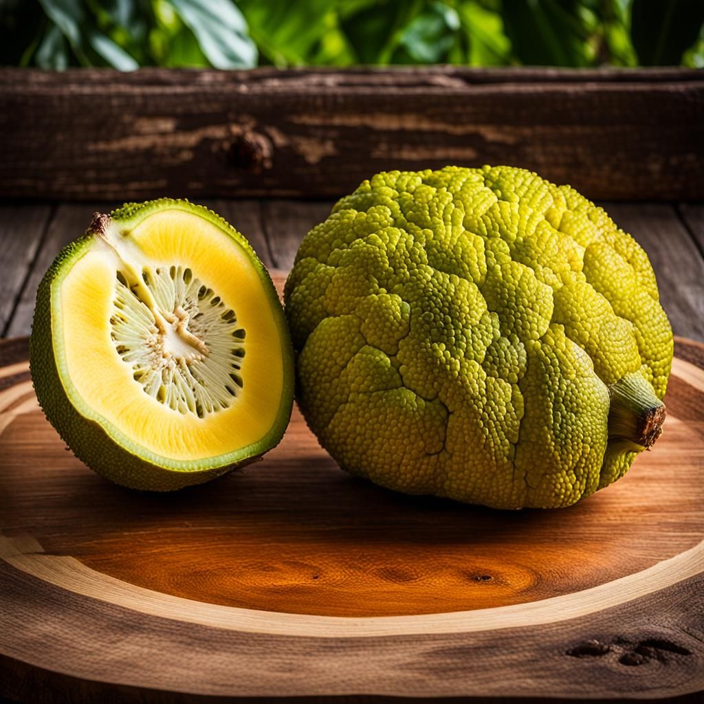 Ripe Breadfruit Close-Up with Tropical Fruit