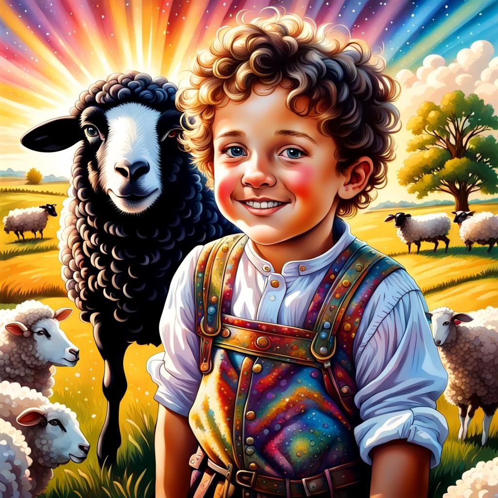 Black Sheep and Boy in Sunny Farm, Airbrush Art
