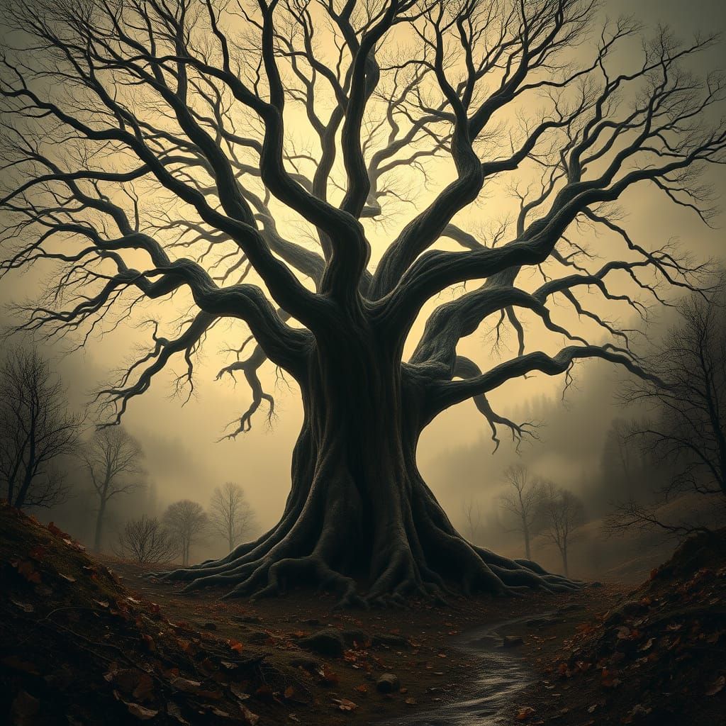 Ancient Tree in Misty Valley: Photorealistic Landscape