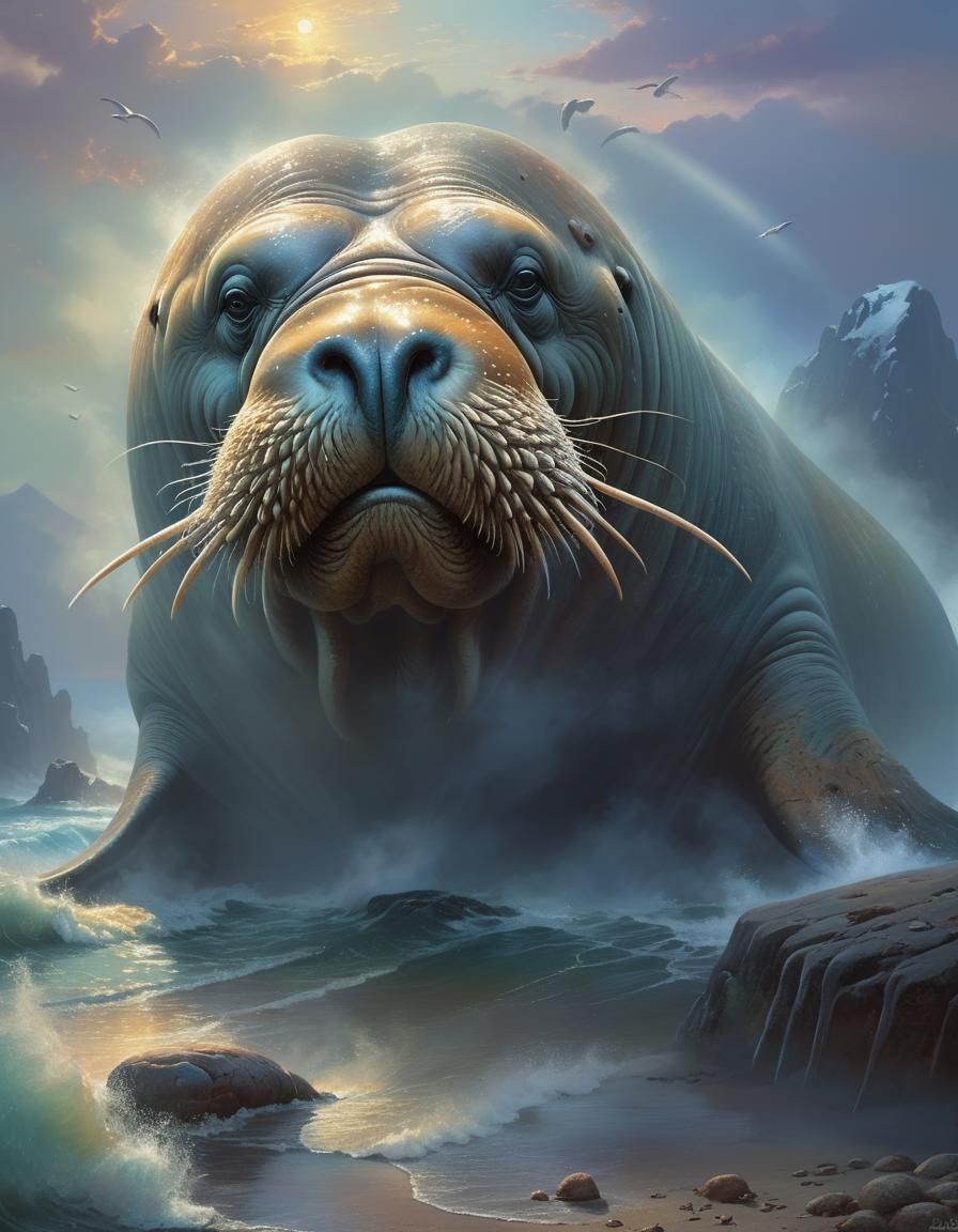 Walrus at Sunset: Ethereal Fantasy Art