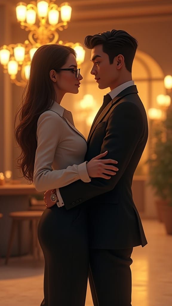 Business Partners Embrace in Luxurious Hotel Lounge