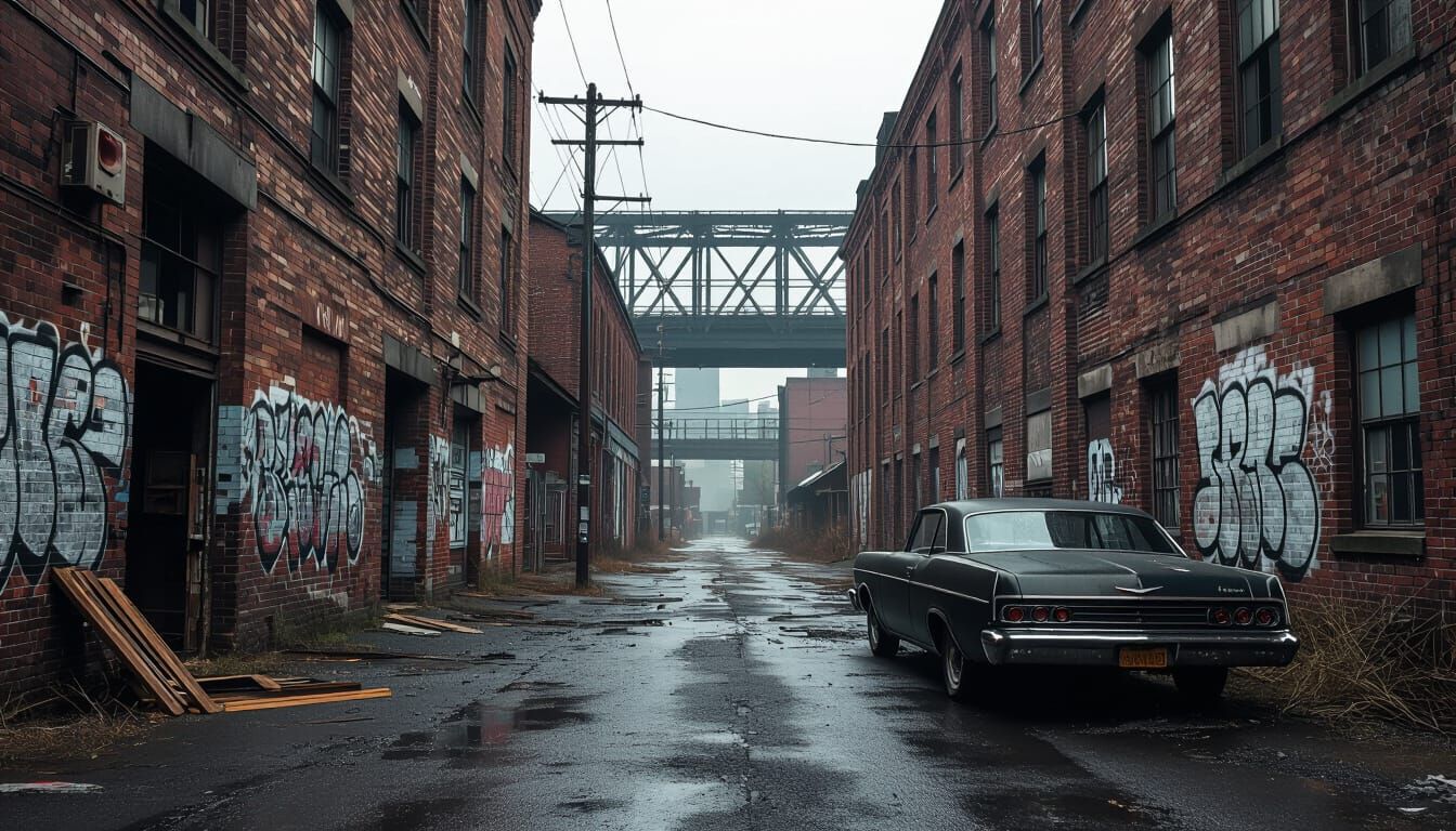 Desolate Industrial Street with Vintage Car