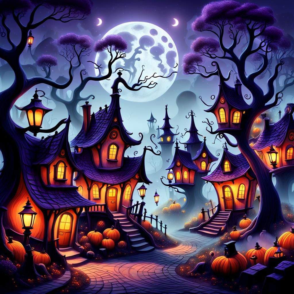 Enchanted Village in Misty Forest, Digital Painting