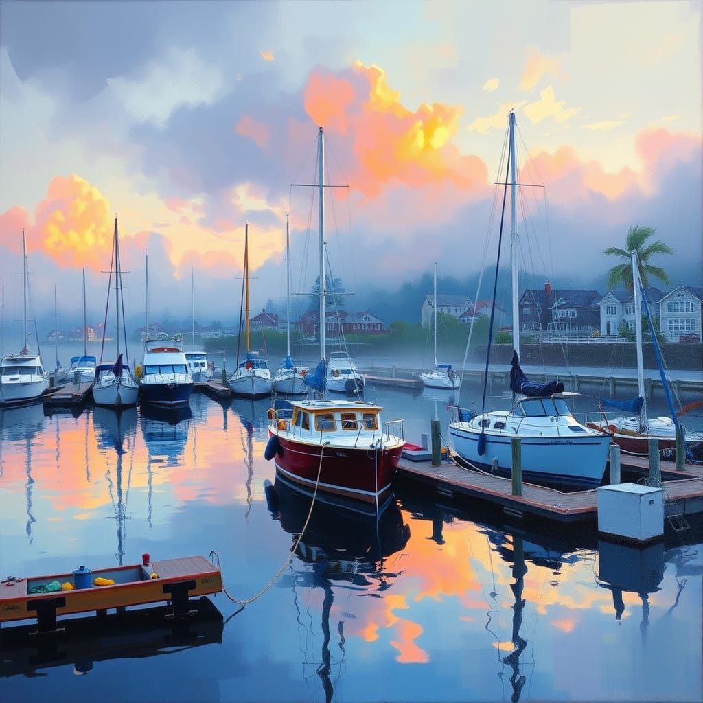 Whimsical Marina Scene in Vibrant Oil Painting