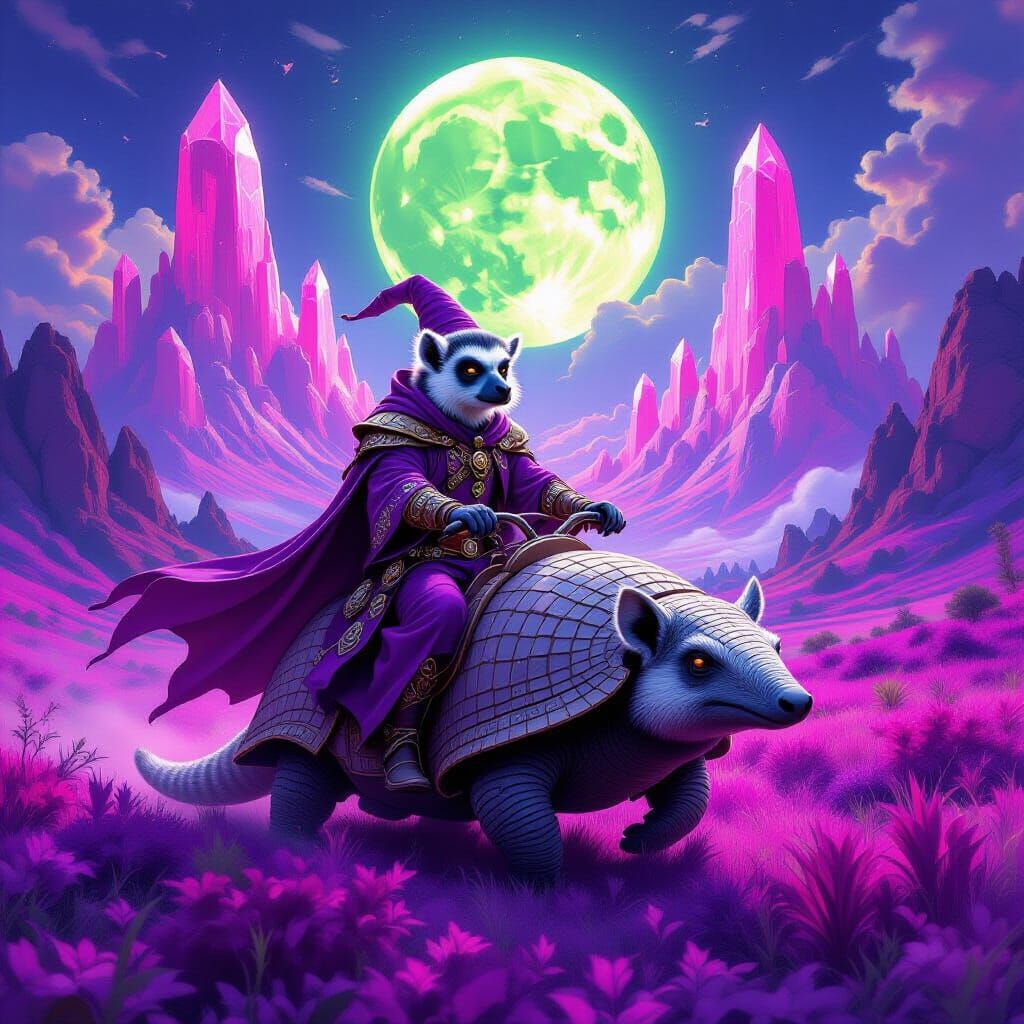 Lemur Wizard Rides Armadillo Through Purple Landscape Under ...