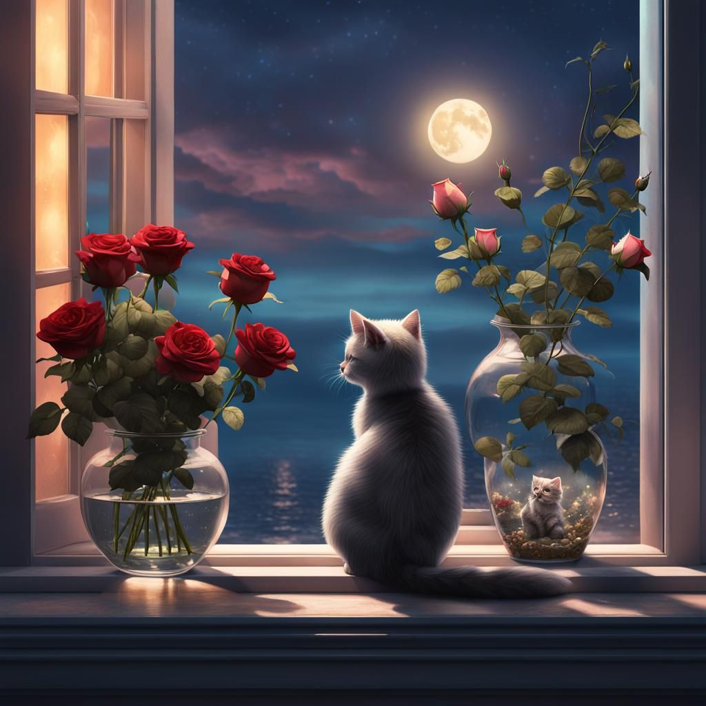 Kitten, Roses, and Moon: Fantasy Concept Art