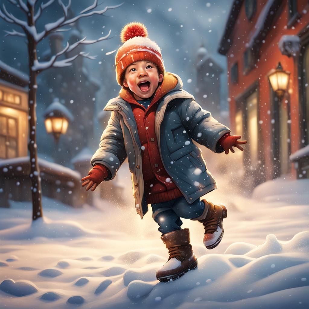 Boy Dancing in Snow, Hyperrealistic Splash Art