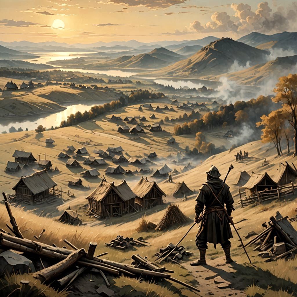 Medieval Warriors Camp on the Volga River in Anime Style