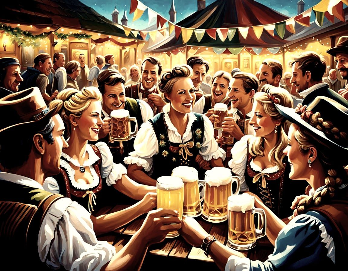 A festive view of a cozy beer garden scene with Bavarian people wearing traditional Bavarian clothing