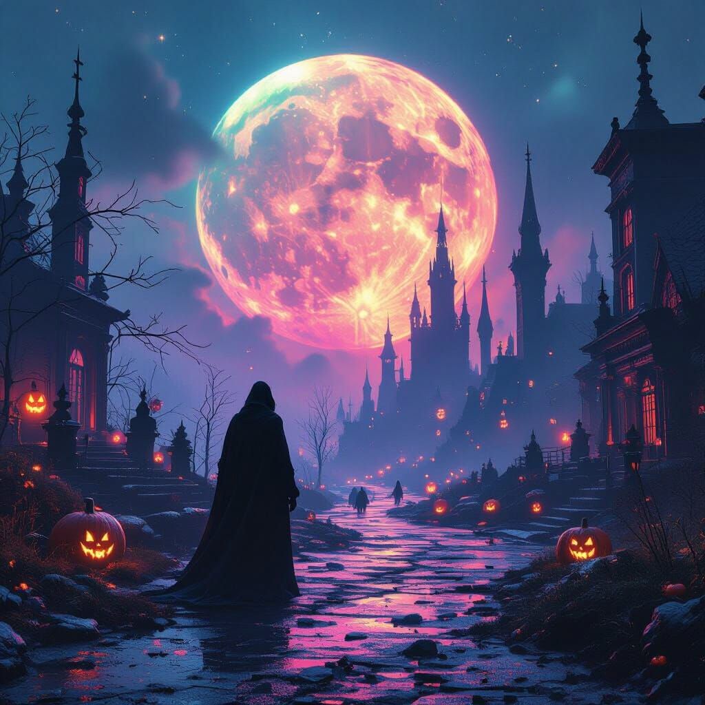 Ethereal Holographic Halloween Scene in Dark Fantasy Style