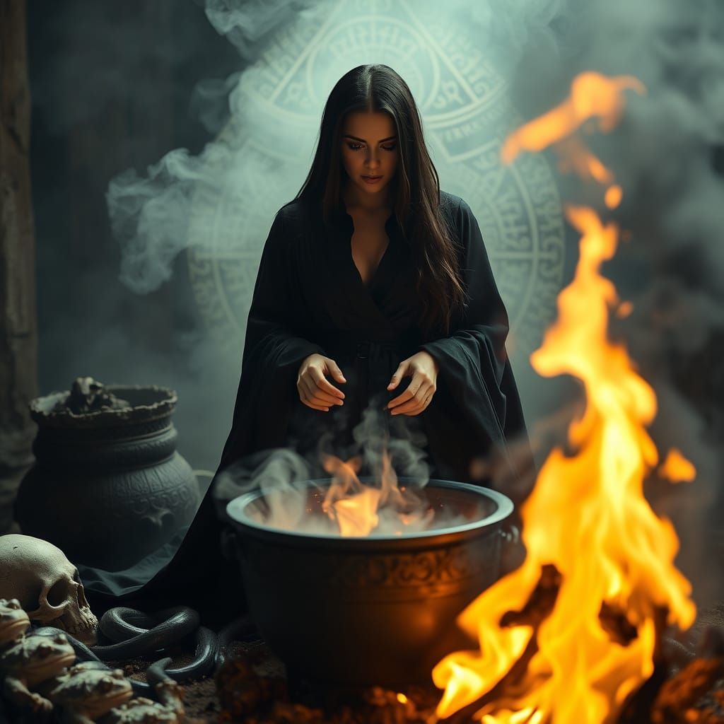Dark Magic Brewing Witch in Cinematic Film Still