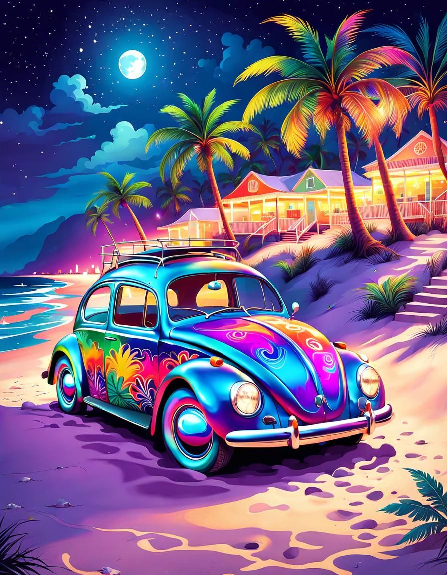 Psychedelic VW Beetle on Beach at Night