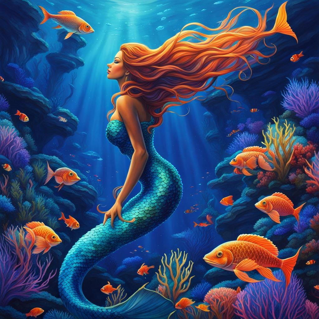 Bioluminescent Mermaid Serenade in Deep Ocean Watercolor