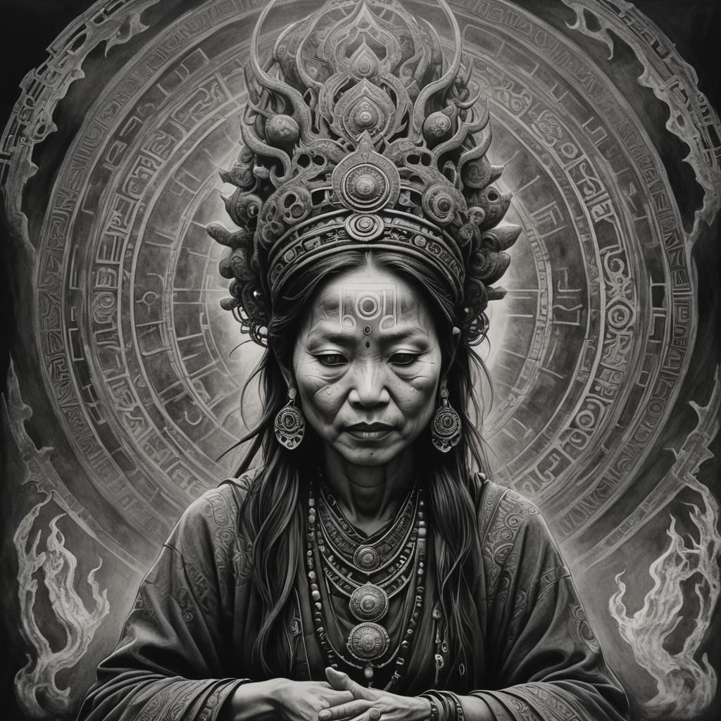 Shaman Meditating on Cosmic Journey: Charcoal Art