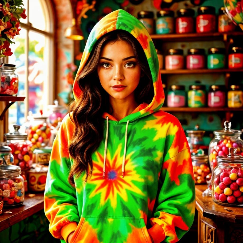 Neon Tie-Dye Hoodie Portrait in Comic Book Style
