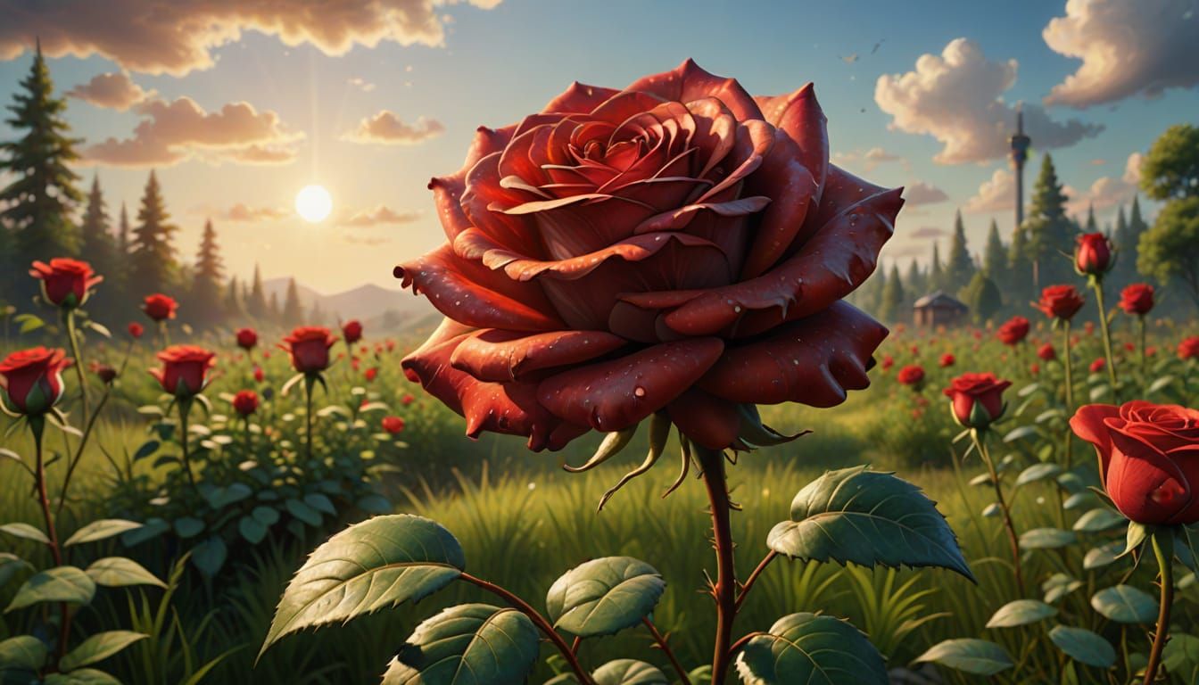 Whimsical Red Rose in a Lush Meadow, Pixar-Style