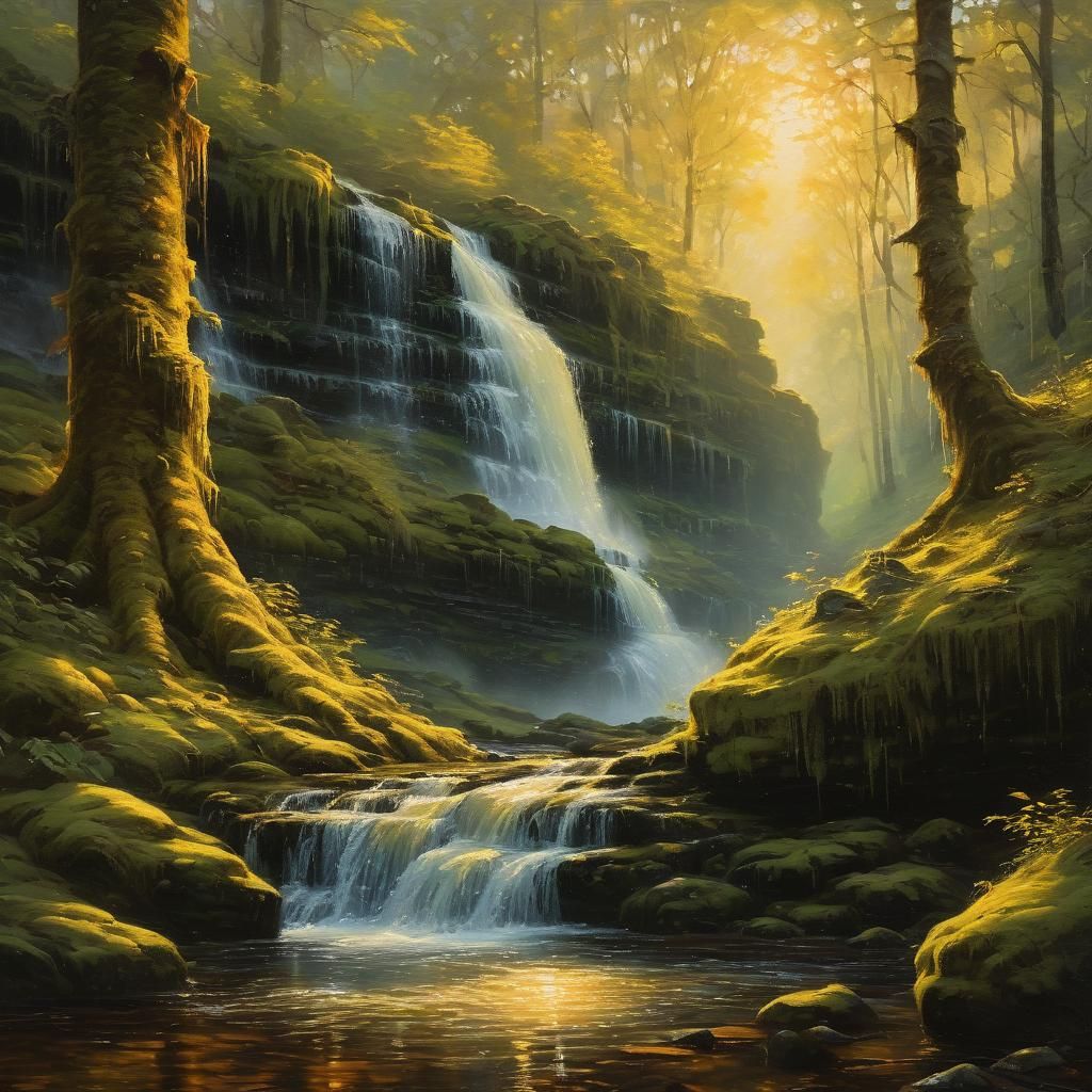Waterfall in Forest, Baroque Oil Painting