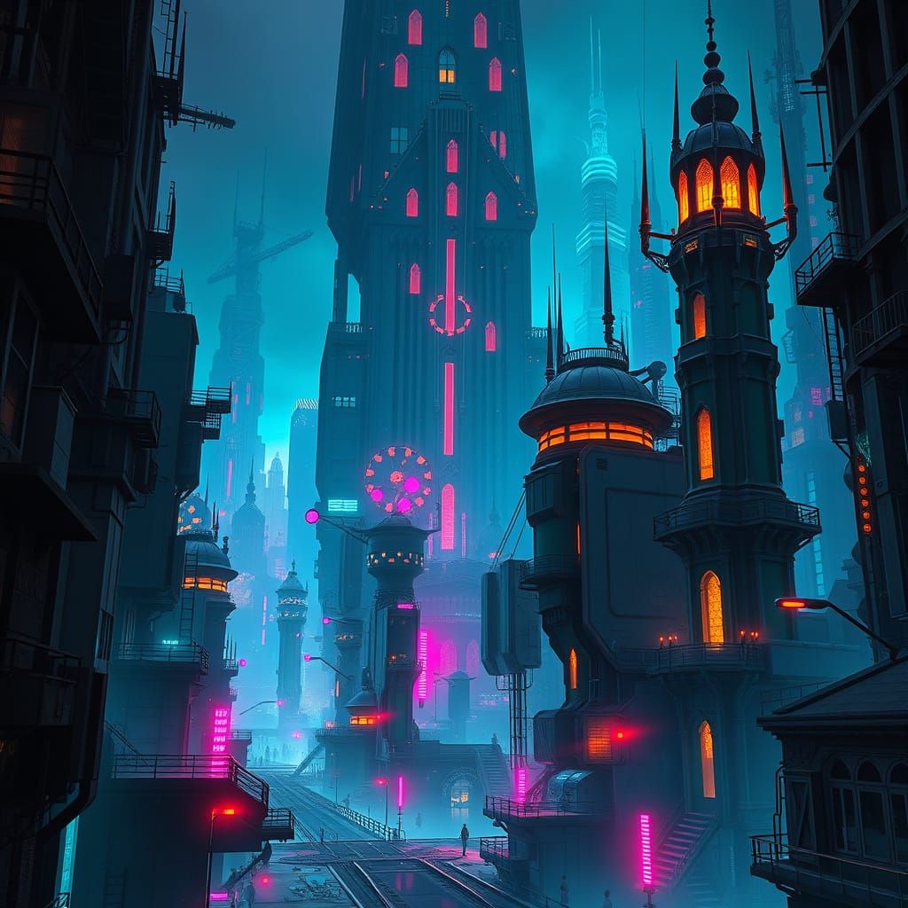 Dystopian Shadowspire City in Cyberpunk Digital Art