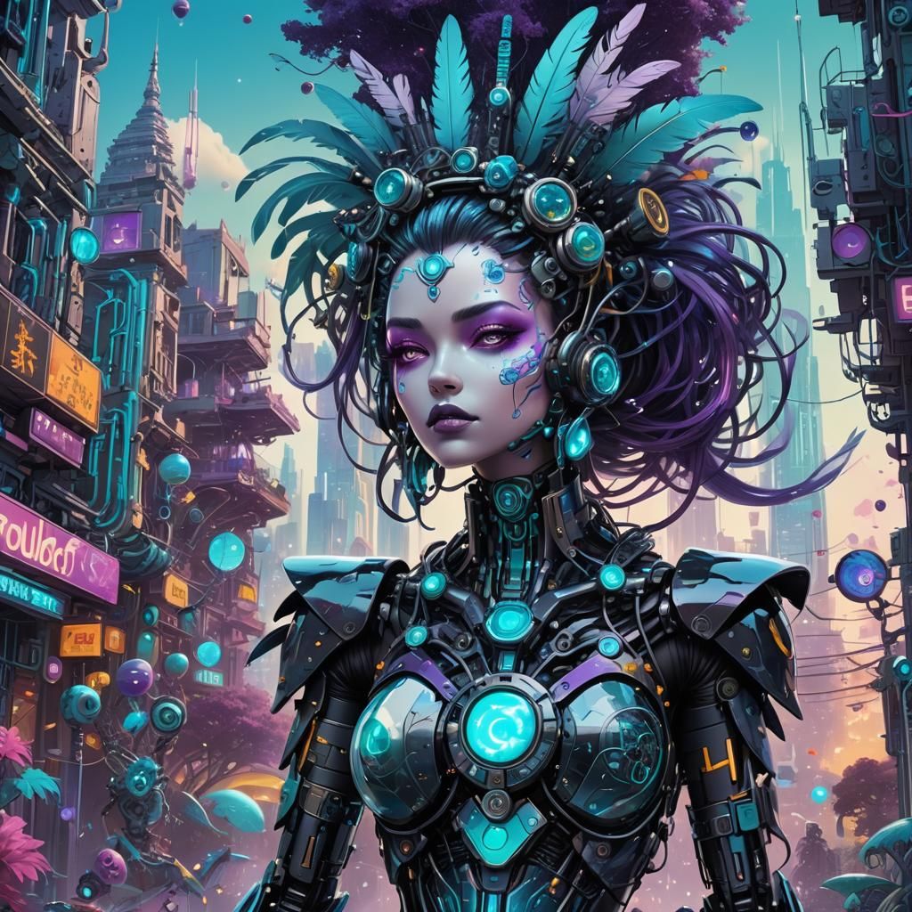 Aztec Robot Girl in Cyberpunk Mayan Cityscape