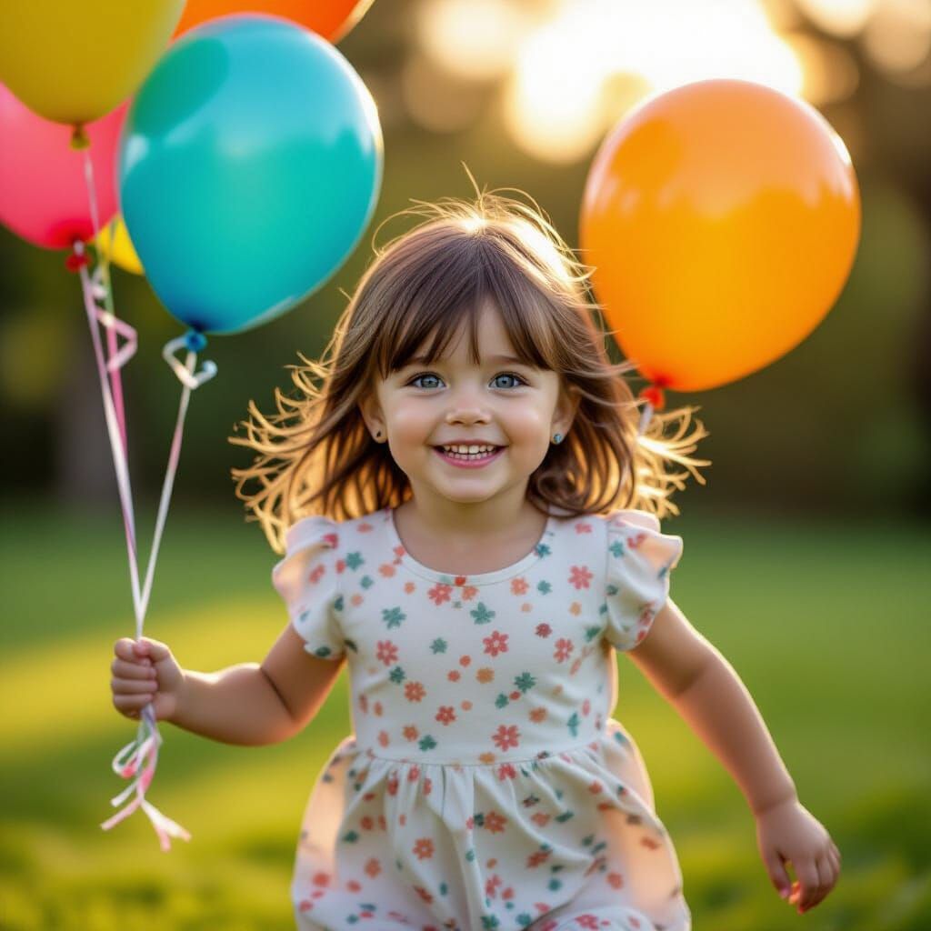 Joyful Girl Running with Vibrant Balloon in Golden Hour Ligh...