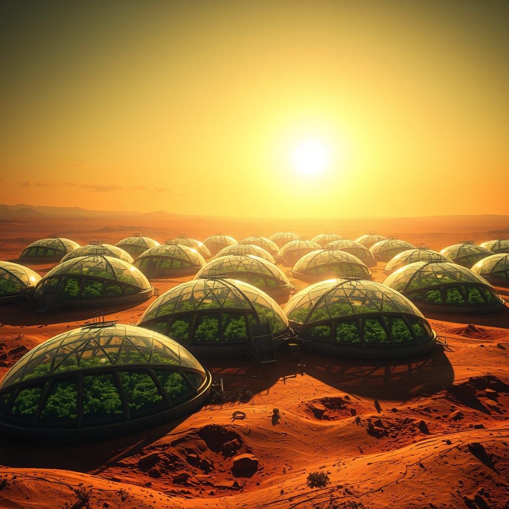 Futuristic Biodomes on Mars Under Martian Sunset