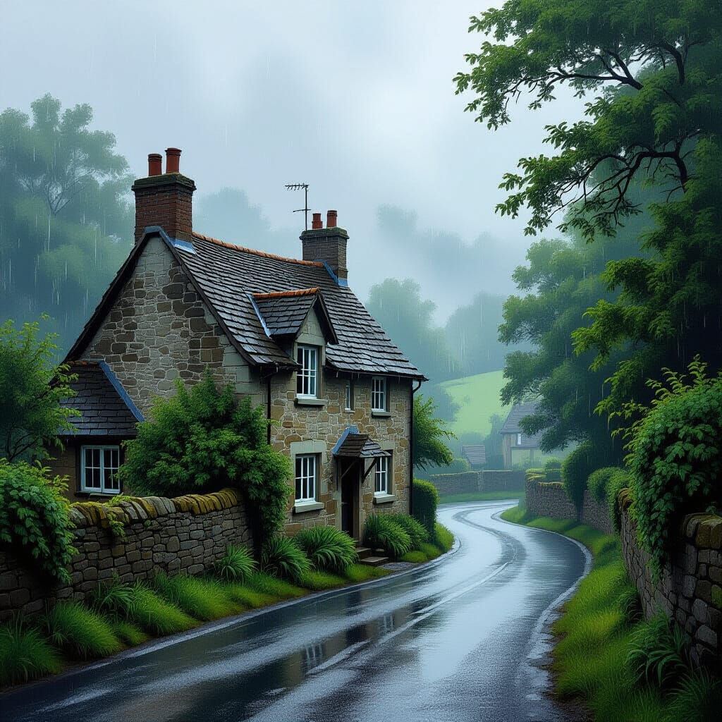 Charming Misty Cottage on Rainy Country Road