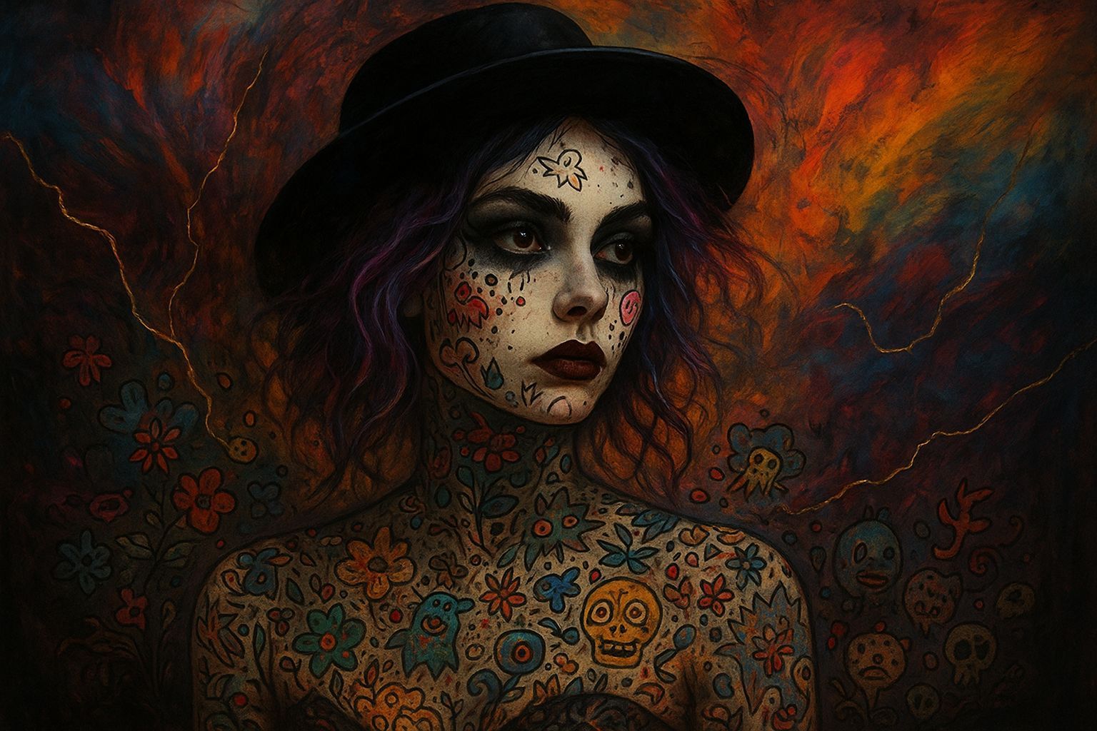 Dystopian Goth Lady with Doodle Art Tattoos