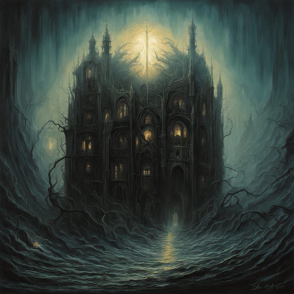 Ethereal Glass Orb Sinks in Dark, Mystical Sea