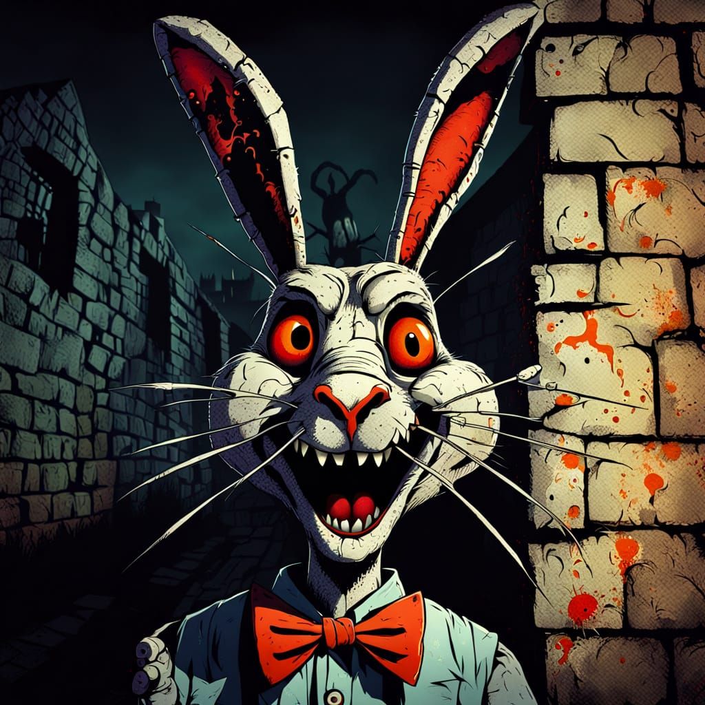 Creepy Cartoon Rabbit with Sharp Teeth in Gritty Digital Art