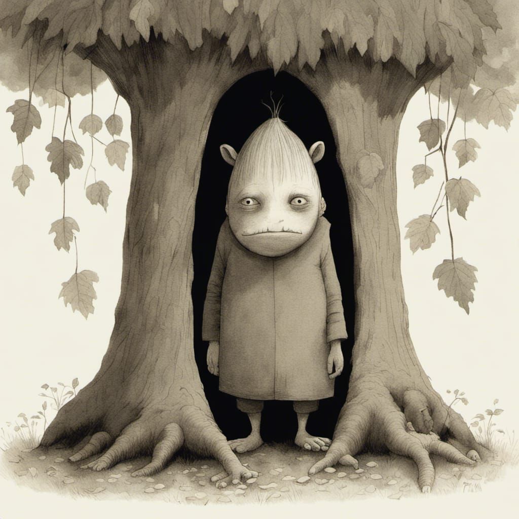 Whimsical Troll Hiding in Forest, Painterly Style