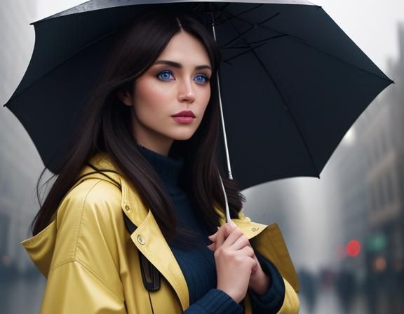 Brunette in Yellow Raincoat, Hyperrealistic Portrait